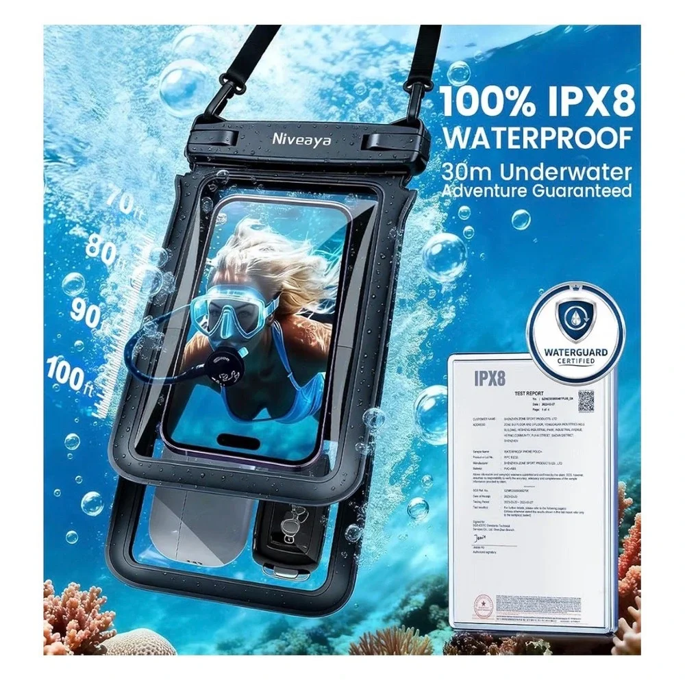 Niveaya IPX8 Waterproof Phone Pouch Dual Bag 8.3in Universal Dry Case Black
